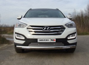 Обвес для HYUNDAI Santa Fe 2011-2012 Защита передняя длинная (овальная (с ходовыми огнями)) 75х42 мм