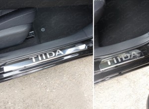 Обвес для NISSAN Tiida 2015- Накладки на пороги (лист зеркальный надпись Tiida)