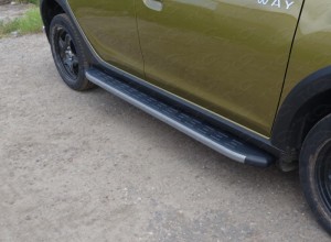 Обвес для RENAULT Sandero Stepway (5S) 2014-2018 Пороги алюминиевые с пластиковой накладкой (карбон серые) 1720 мм