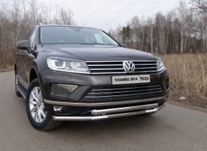 Обвес для VOLKSWAGEN Touareg 2014-2018 Защита передняя нижняя (двойная (с ходовыми огнями)) 60,3/60,3 мм